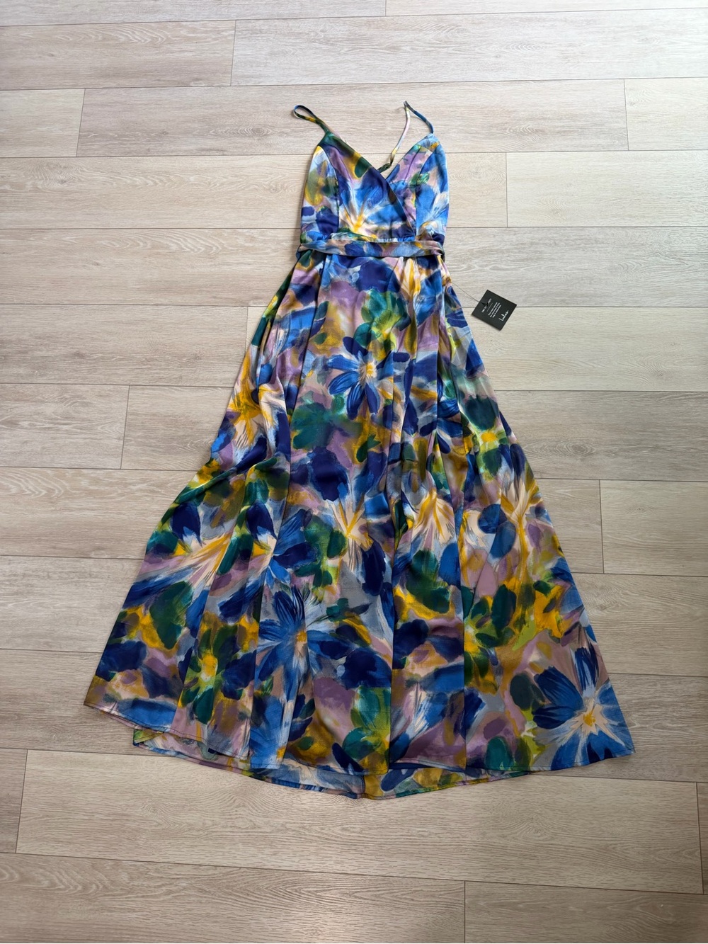 LuLus Still the One Blue Multi Floral Print Satin Maxi Dress women’s size small - Picture 5 of 10